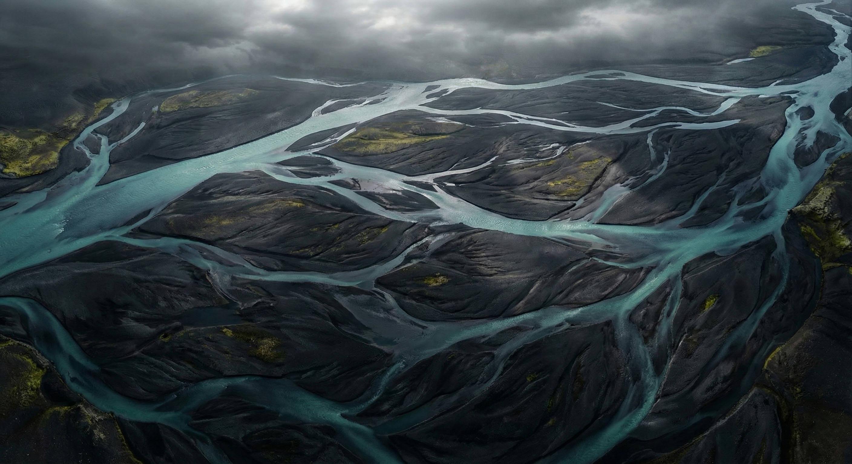 Aerial view of glacial braided river